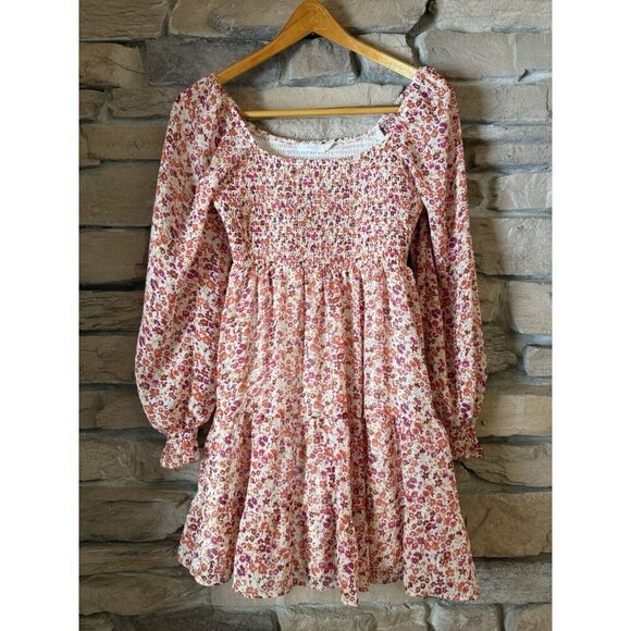 Lush Dresses & Skirts - Lush Pink And Orange Floral Smocked Puff Sleeve Dress Size S